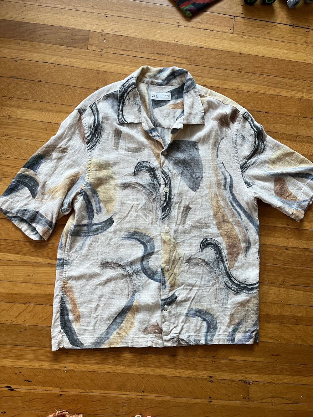 Zara linen blend abstract brushstroke print camp shirt aloha L summer casual